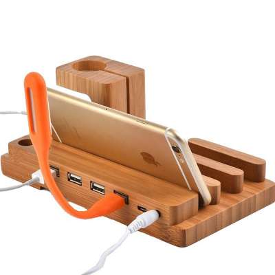 4 Ports Wooden Charging Dock Station Holder Bamboo Charger Stand Bracket Docking Holder Charger for mobile phone